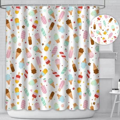 Cream Shower Curtain Summer Flower Rainbow Popsicle Colorful Dots Design Fabric Waterproof Bath Curtain Bathroom
