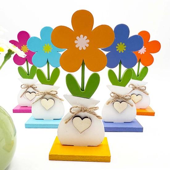 Yousheng 5Pcs/Set Wooden Flower Ornament with Base Boho Farmhouse Rustic 3D Colorful Flower Wood Table Sign Centerpiece Home Office Desktop Decoration