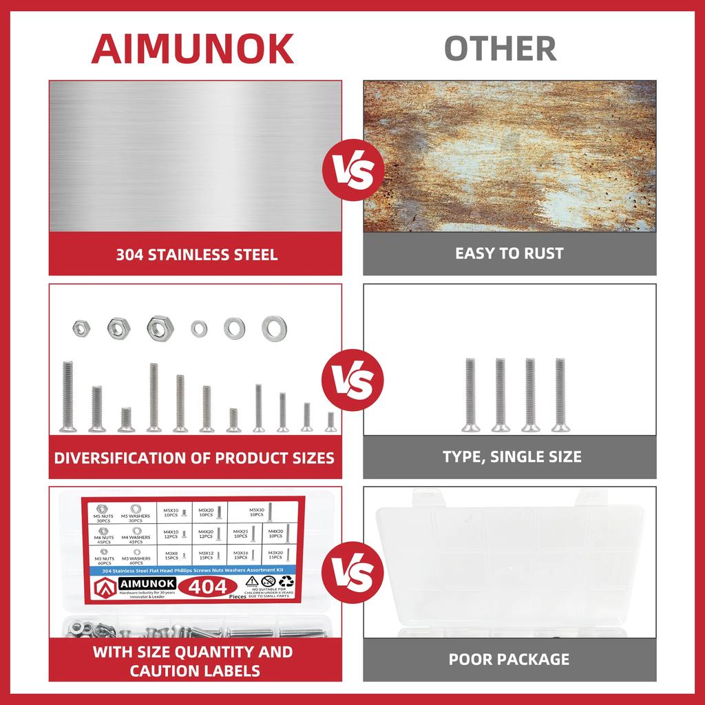 404pcs countersunk  Screws with Nose Screw Set M3 M4 M5 Screw and nut washers 304 Stainless Steel Cross countersunk  Scr