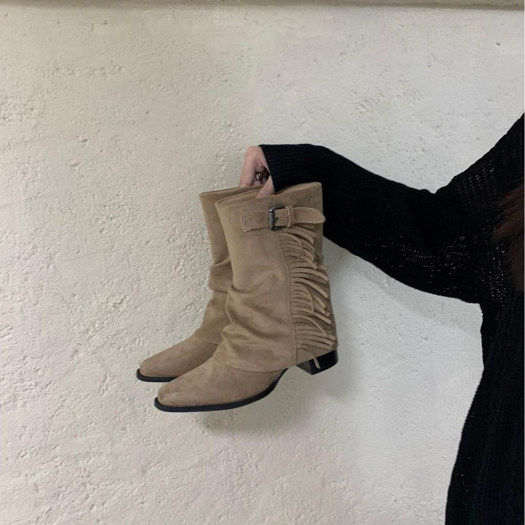2025 autumn and winter new round head thick heel fringed Spice Girls nightclub Martin short boots versatile belt buckle thin boots