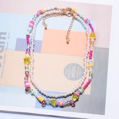 Creative Exaggerated Bohemian Pearl Multi-Layer Necklace, Simple Color Rice Bead Pendant Women'S 2-Piece Set
