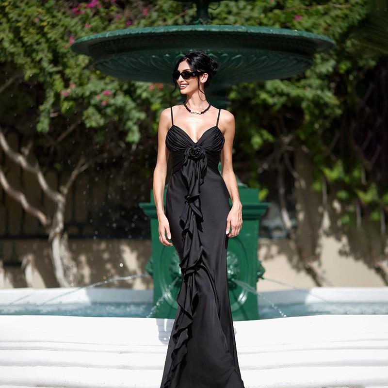 

New Style Long Dress Fashion Elegant Slim Flower Ribbon Satin Sling Dress Women L чорний