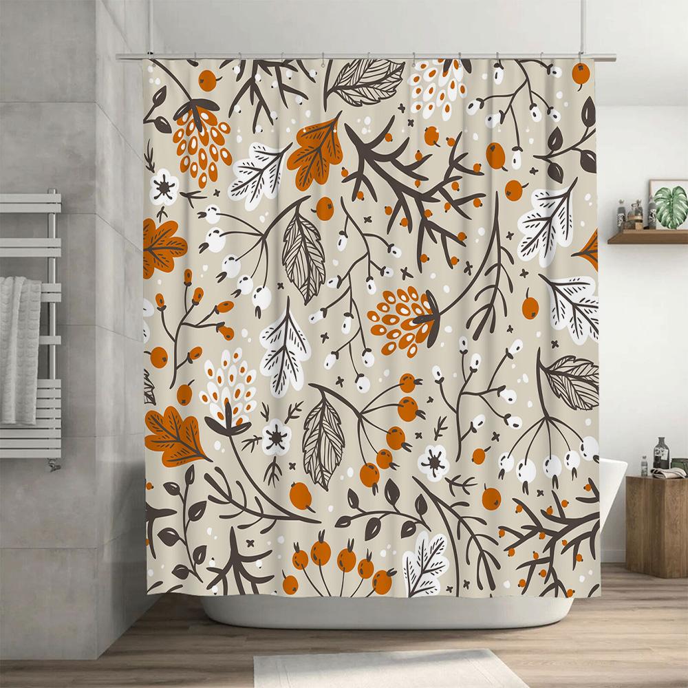 Natural Fall Leaves Shower Curtain Bathroom Decor, Autumn Style, Black White Floral Print Waterproof Fabric Decorative Liner for