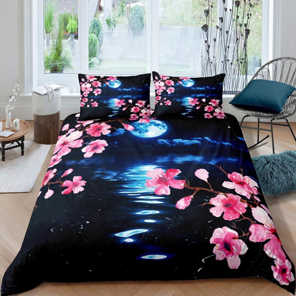 Peach Blossom Duvet Cover Set King Size Microfiber Pink Floral Bedding For Teens Women Twin Comforter Cover