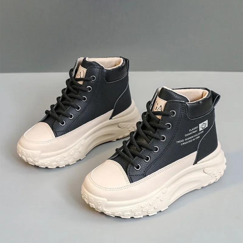 2025 Autumn Casual Sneakers Shoes Color Blocking Thick Bottom Heightening Women Shoes Winter Leather Fashion Outdoor Flat Shoes