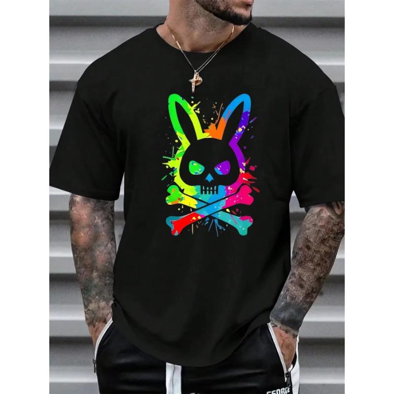 

Men s Summer Pure Cotton Fashionable Casual Loose Color Skull and Rabbit Print Sports Round Neck Short Sleeved T-shirt Top L