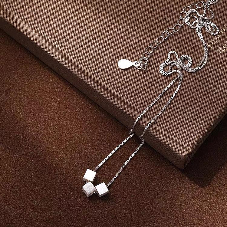 Geometric Sugar Cube 925 Silver Necklace Women's Brushed Simple Style Versatile Premium Temperament Square Niche Simple Clavicle Chain