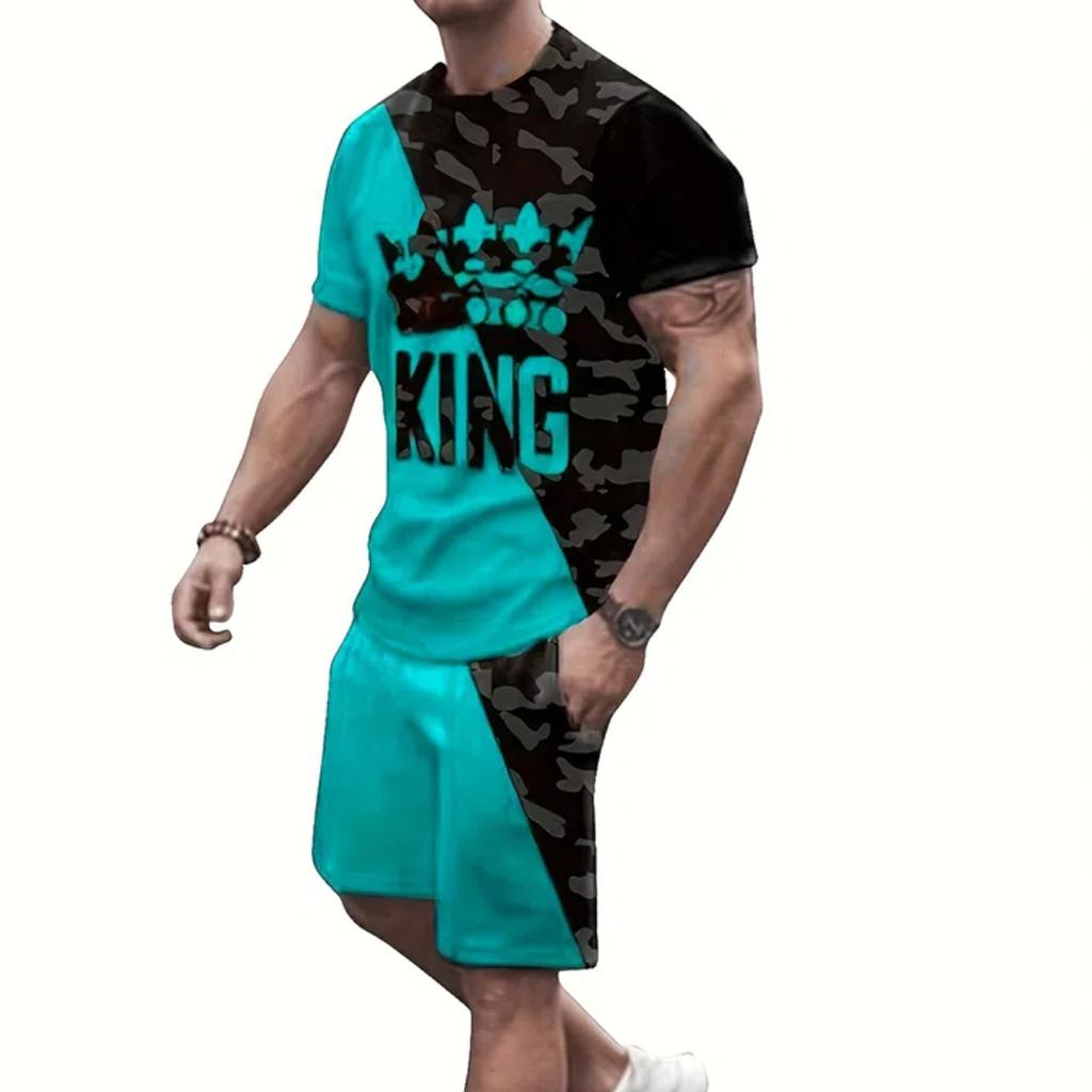 Herr Sommar Casual Kortärmad och Shorts Set Krona Grafik och 'king' Bokstavstryck T-shirt och Casual Snörshorts Set