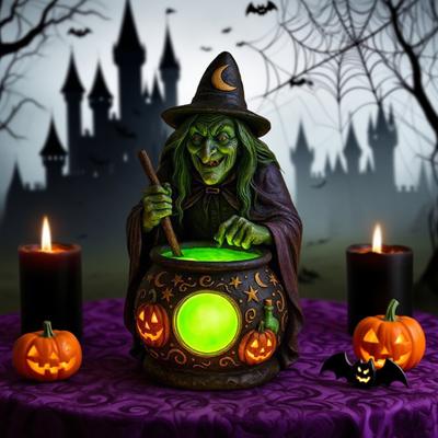 Yousheng Halloween Witch Cauldron Lamp with Eerie Green Glow LED Landscape Light Spooky Witch Brewing Pot Light for Living Room Bedroom Office