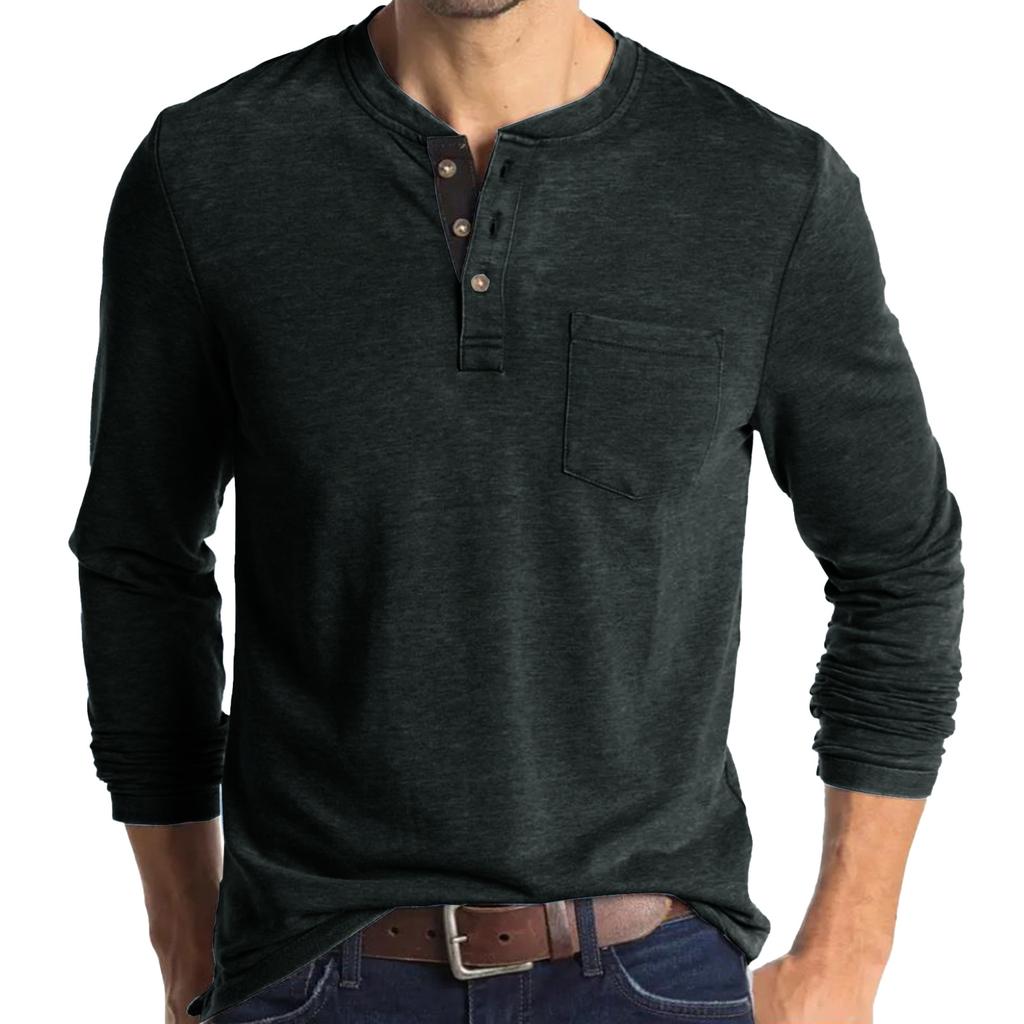 Men's Long Sleeve Round Neck T-Shirt Men's Henley Base Shirt Casual Top
