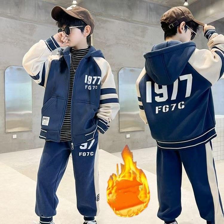Boys' Spring and Winter Fleece-Lined Thickened Set Medium-Large Kids' Zipper Cardigan + Sweatpants Casual Two-Piece Set