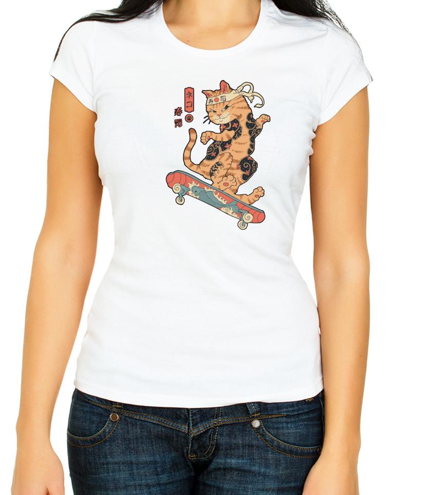 Cat Skateboard Japanese Cat Art White 3/4 Short Sleeve T Shirt Woman F434