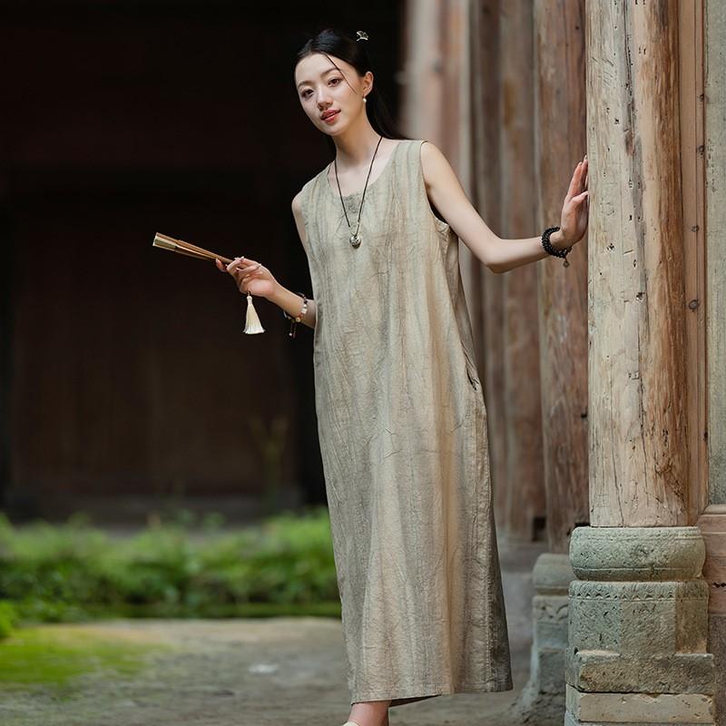 Johnature Women Vintage Sleeveless Dresses O-Neck Solid Color Summer Loose A-Line Dress