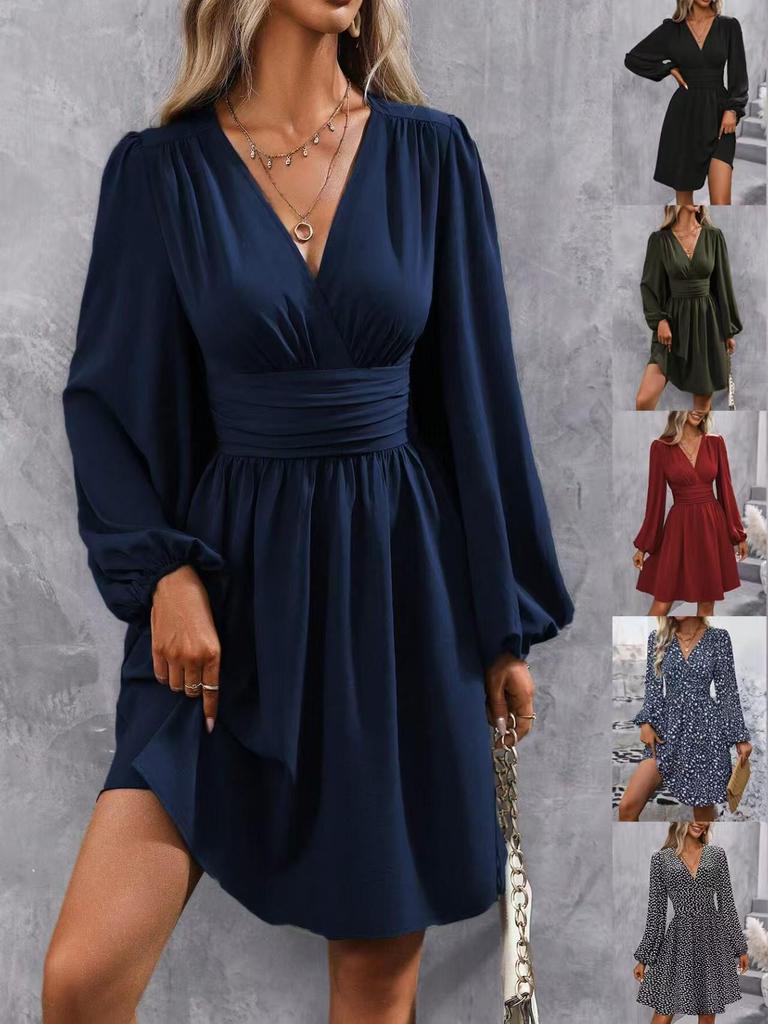 2025 Autumn/Winter Europe & America Oblique Neck Lantern Sleeve Pleated Waist Retro Dress