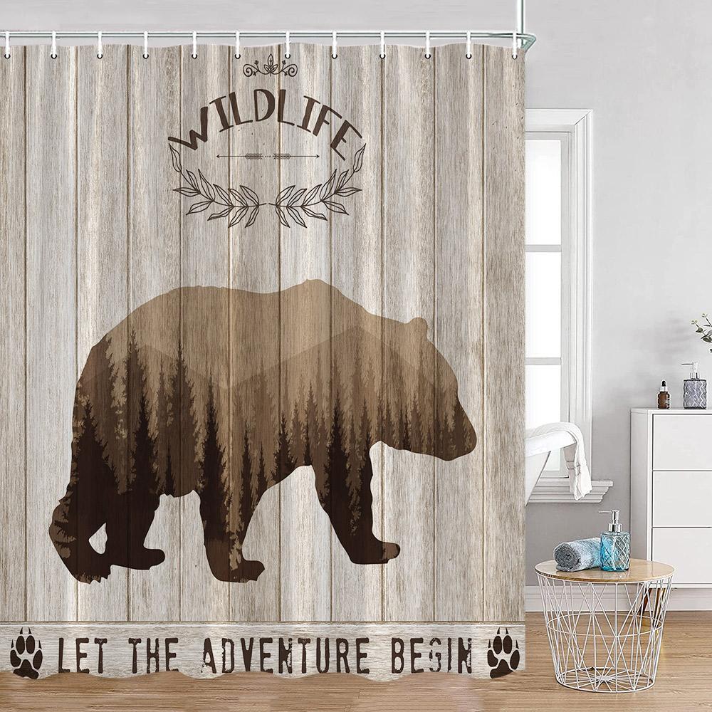Funny Bear Shower Curtains Bathing Bear Wooden Plank Pattern Fabric Bathroom Decor Bear Silouette Rustic Bath Curtain With Hooks