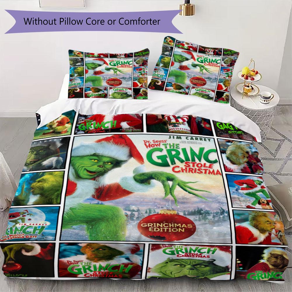 Christmas Grinch Cartoon Prints Bedding, Duvet Cover and Pillowcases, Birthday Gift (1 Duvet Cover + 2 Pillowcases, Pillow Insert Not included)JM008