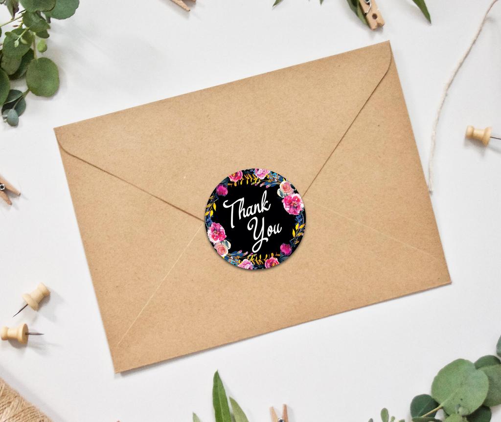 Darling Souvenir Round 45 Pcs Floral & Vines Border Black Thank You Stickers Envelope Seal-1.6