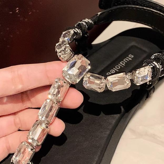 

Grape mother of the same style, letter from the coast~ Sparkling rhinestone flat-bottomed sandals, rope knots, versatile toe flip-flops, women s summe 35