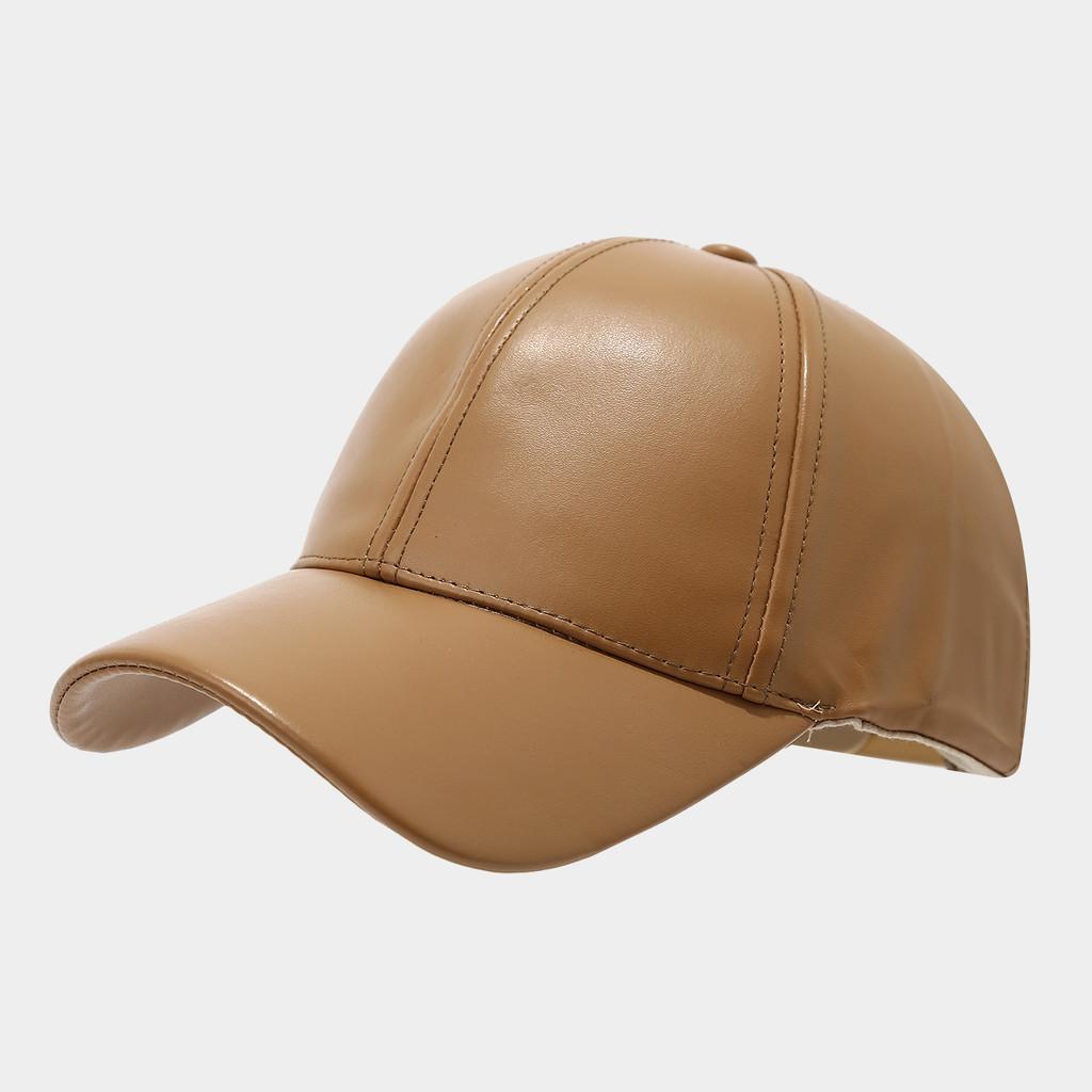 Artistic Pu Leather Round Top Baseball Cap With Curved Brim For Mens Fall Season Wear Khaki