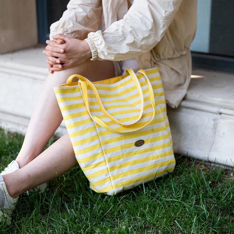 New Lazy Wind Shoulder Bag Double-sided Back Striped Canvas Bag Women's Large Capacity Commuter Tote Bag