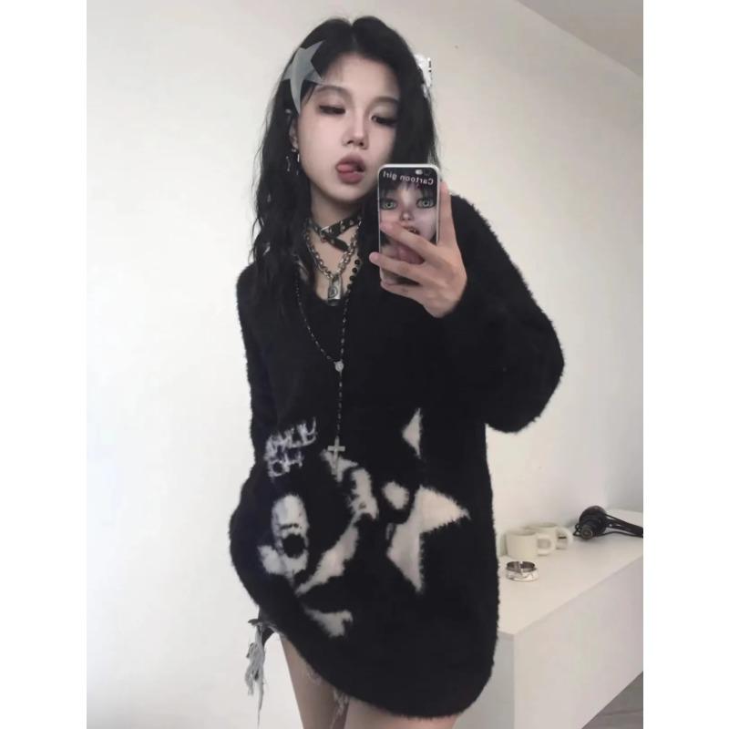 Suéter de Calaveras Gótico Grunge Estética Oscura Jersey de Punto Cuello en V Harajuku Holgado Mohair Pulóver Emo Alt Punto Y2k