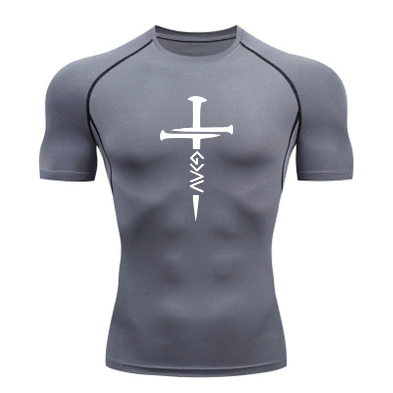 Men's Compression Fitness T-Shirt, Nail Cross Jesus Printed Quick Dry Breathable Athletic Shirt for Gym Workout Running Training Activewear