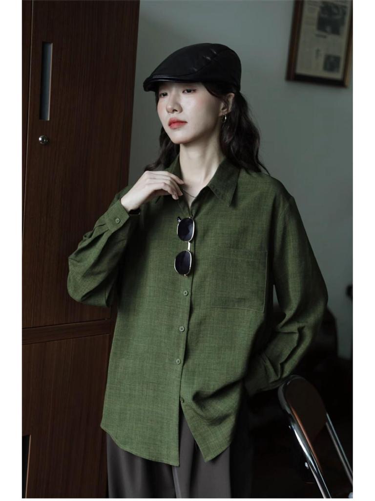 Women's Retro Hong Kong Style Green Cotton-Linen Long Sleeve Shirt, Slim Fit for Spring and Autumn