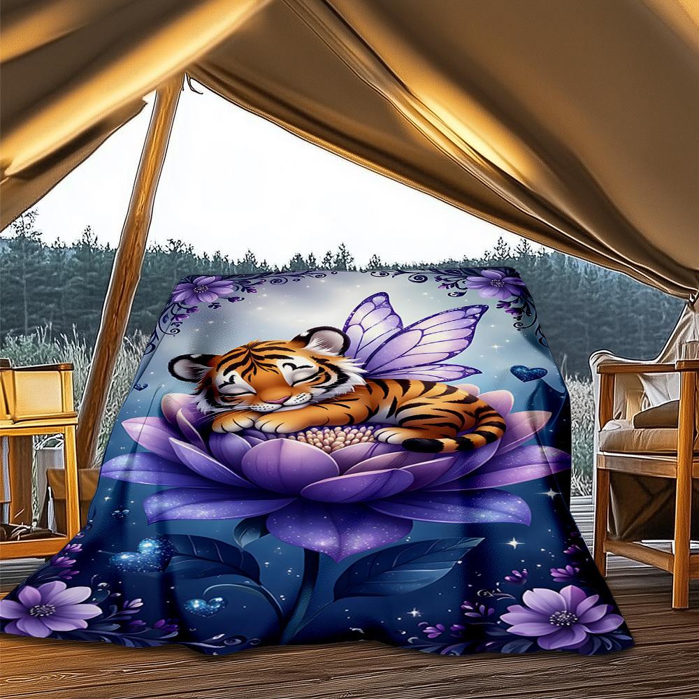 1pc Tiger Fairy Flower Throw Blanket Polyester Fiber, Lightweight Flannel, Soft & Warm, All Season Use for Outdoor, Camping Digital Print