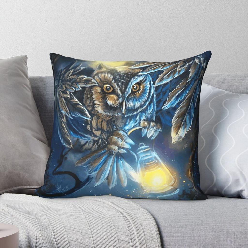 Owl Light In The Night Square Pillowcase Polyester Linen Velvet Creative Zip Decor Pillow Case Room Cushion Cover