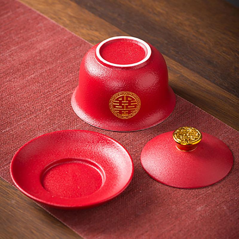 Chinese Style Double Happiness Porcelain Tea Set, Teapot and Cups, Gaiwan with Saucer, Ceremony Set Gifts, Wedding Celebration