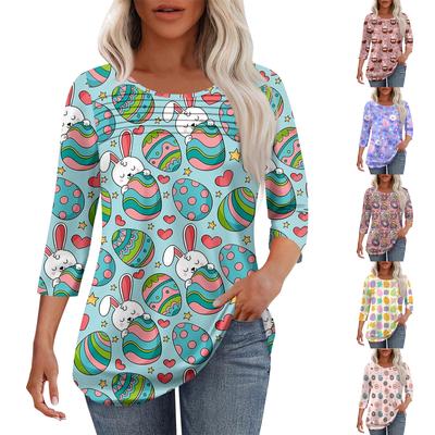 Women's Fashion Round Neck Pleated Front Placket Print 3/4 Sleeve Top