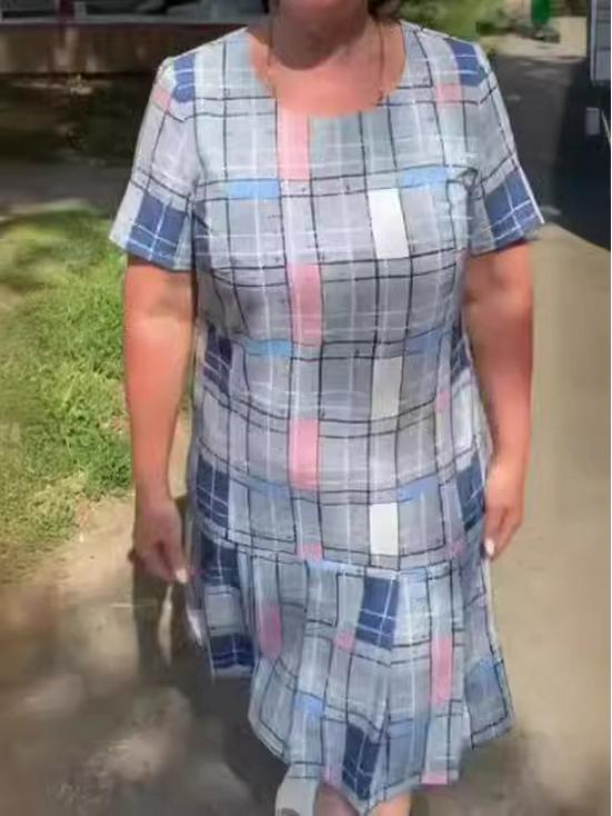 Rochie Europeană Americană cu Imprimeu A-line Mărimi Mari - Subțiază, Gât Rotund, Mânecă Scurtă