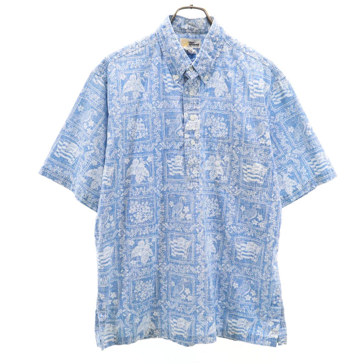 

reyn spooner 80-е годы Сделано на Гавайях Винтажная золотая бирка Комбинезон с ручками Короткий рукав Пуловер с обратной печатью На пуговицах Рубашка Алоха Мужская Б/У