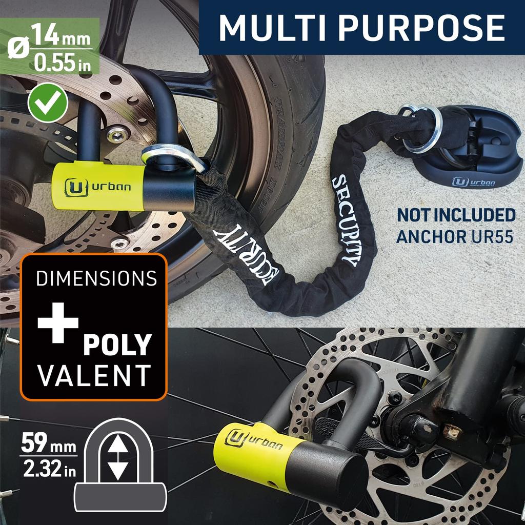 URBAN UR59120 Mini U Padlock with Chain 120cm Bicycle Disc Dual High Security Double Closure Anti-Theft Loop, Motorcycle, Scooter, Padlock, Function,