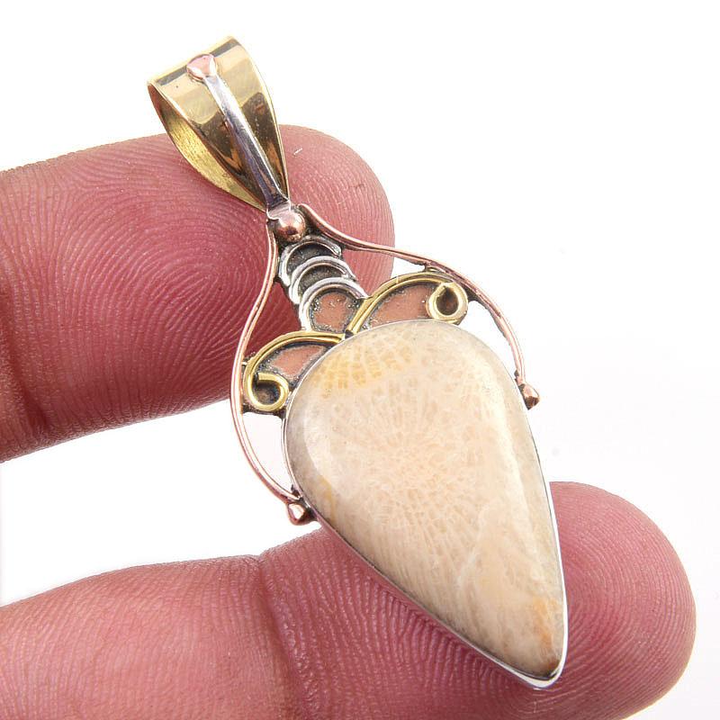 

Natural Fossil Coral 925 Solid Sterling Silver TwoTone Gift Pendant 1.75 M9d81