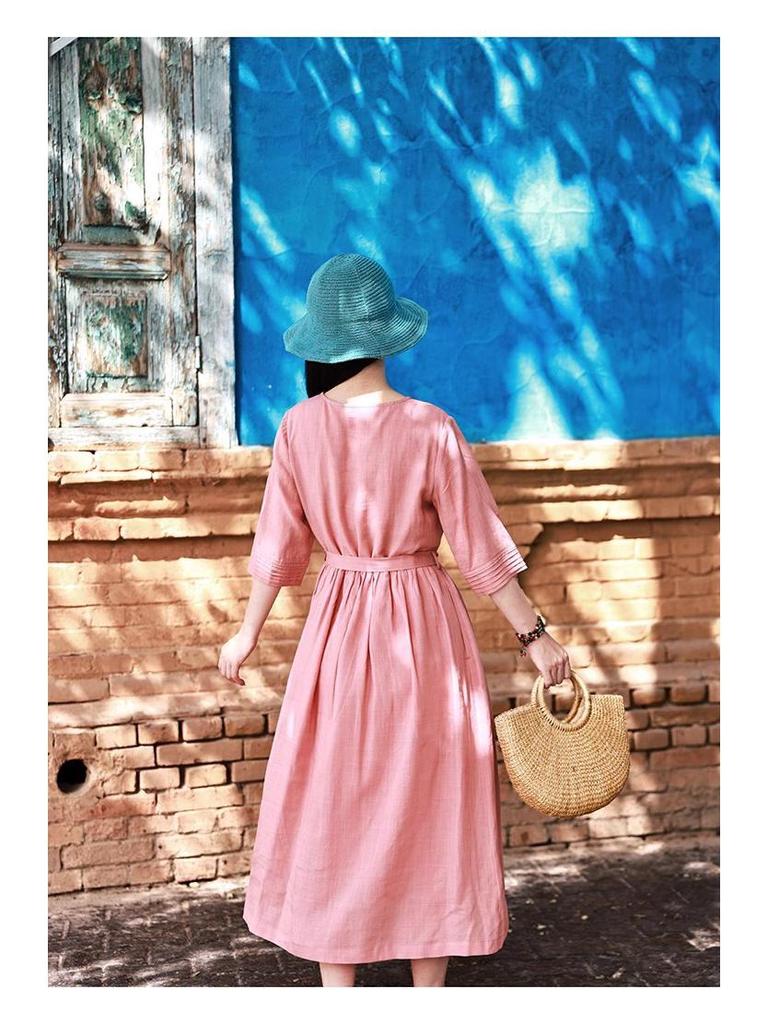2026 Summer Cotton Linen V-Neck Artistic Long Dress for Women