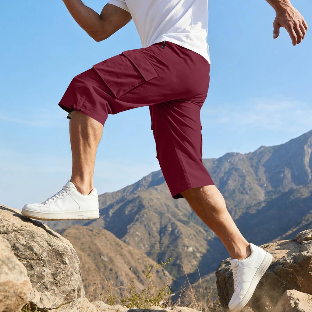 Men’s Casual 3/4 Length Cargo Shorts Elastic Waist Relaxed Fit Lightweight Multi Pocket Knee Length Pants