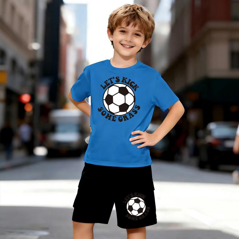 Boys 2 Piece Football Pattern Printed Outfit, Short Sleeve T-Shirt and Shorts Set for Kids Age 5-14, Black and White Sporty Casual Summer Clothes