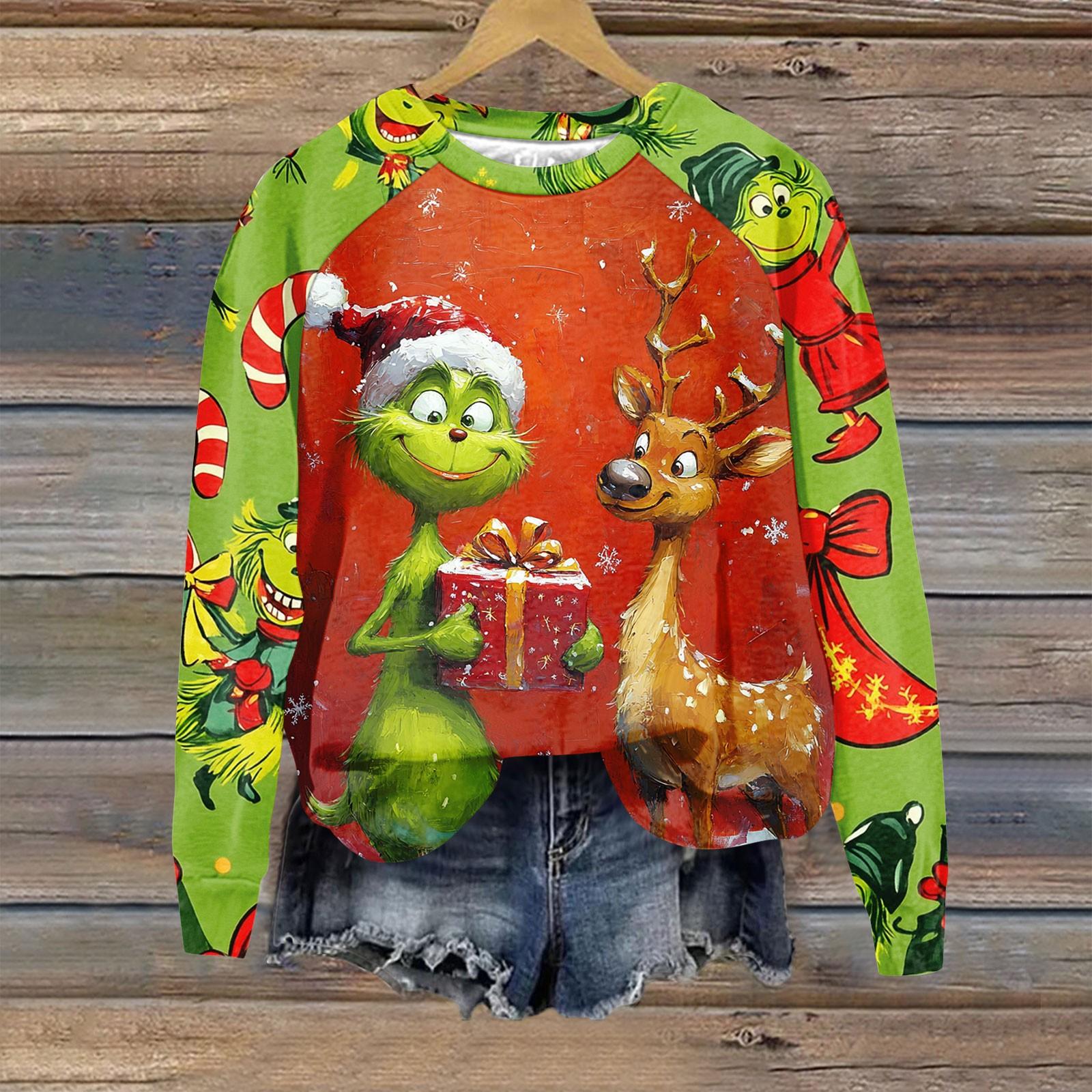 

Женская мода повседневная толстовка с длинным рукавом и принтом рождественского Гринчмаса с круглым вырезом и реглан XXL киноварь