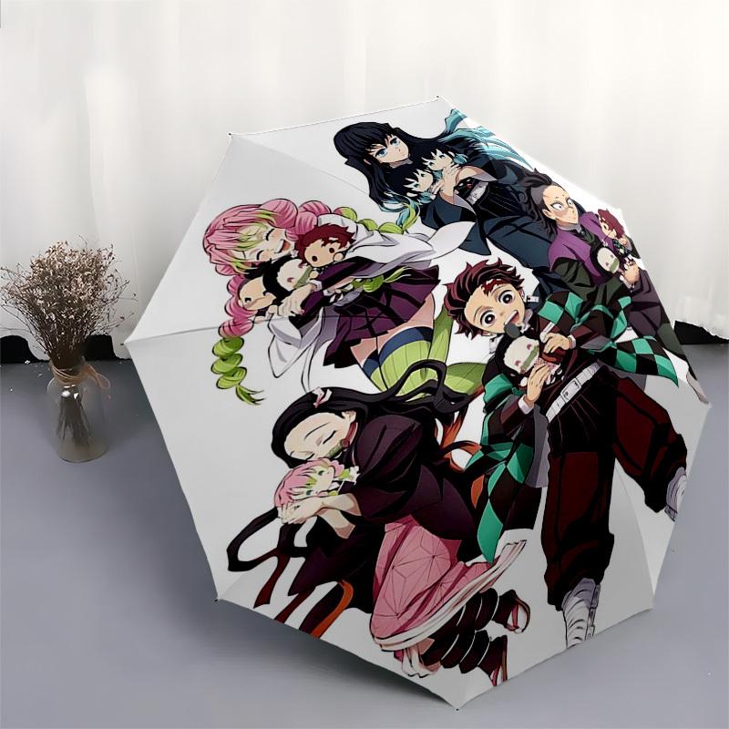 1pc Automatically Opening Umbrella with Tanjiro, Nezuko, Zenitsu, Kyojuro, Rengoku, Shinobu, Giyuu & Shinobu Characters, Portable 3-Fold Design, 8-Bon