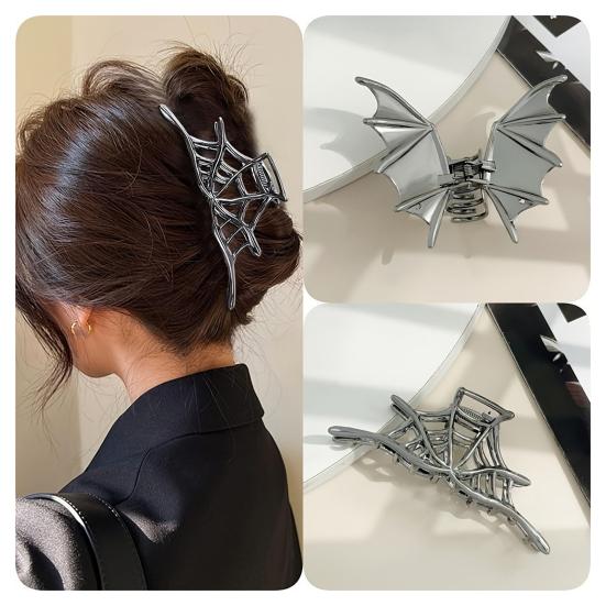 Halloween Hair Claw Black Spider Web Skeleton Hand Bat Shape Hair Clip Anti-slip Teeth Back Head Shark Hair Clip Styling Accessory