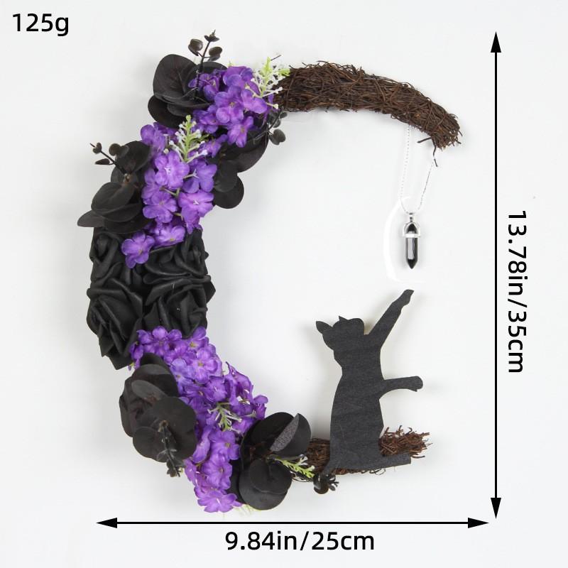 1 Pcs Halloween Moon Cat Garland With Rose Black Decorations Halloweens Garland Wreath For Front Door Door Decor