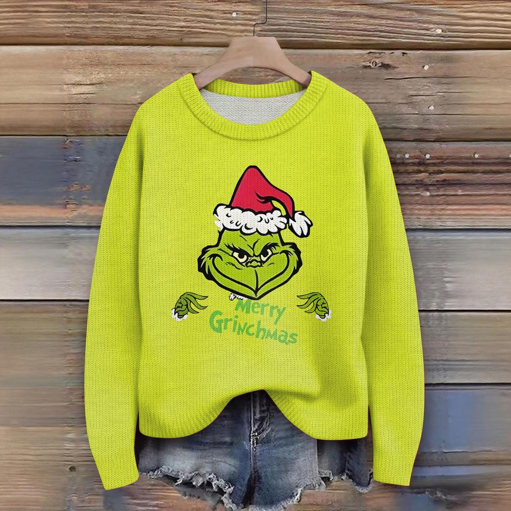 Women's Christmas Print Cardigan Long Sleeve Round Neck Knit Top