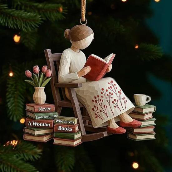 Just A Girl Who Loves Book Christmas Ornament 2D Flat Acrylic Reading Lovers Hanging