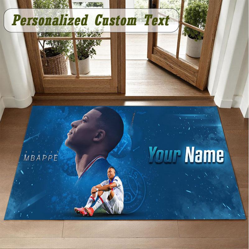 Crystal Velvet Square Rug Custom NameKylian Mbappe Pattern Non Slip Home Floor Decor Rug