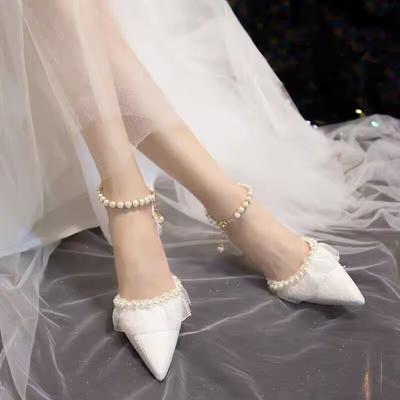 2025 Summer Luxury Silk White Wedding Shoes for Women  Pearl Ankle Straps High Heels Pumps Woman Pointed Toe Heeled Dress Shoes