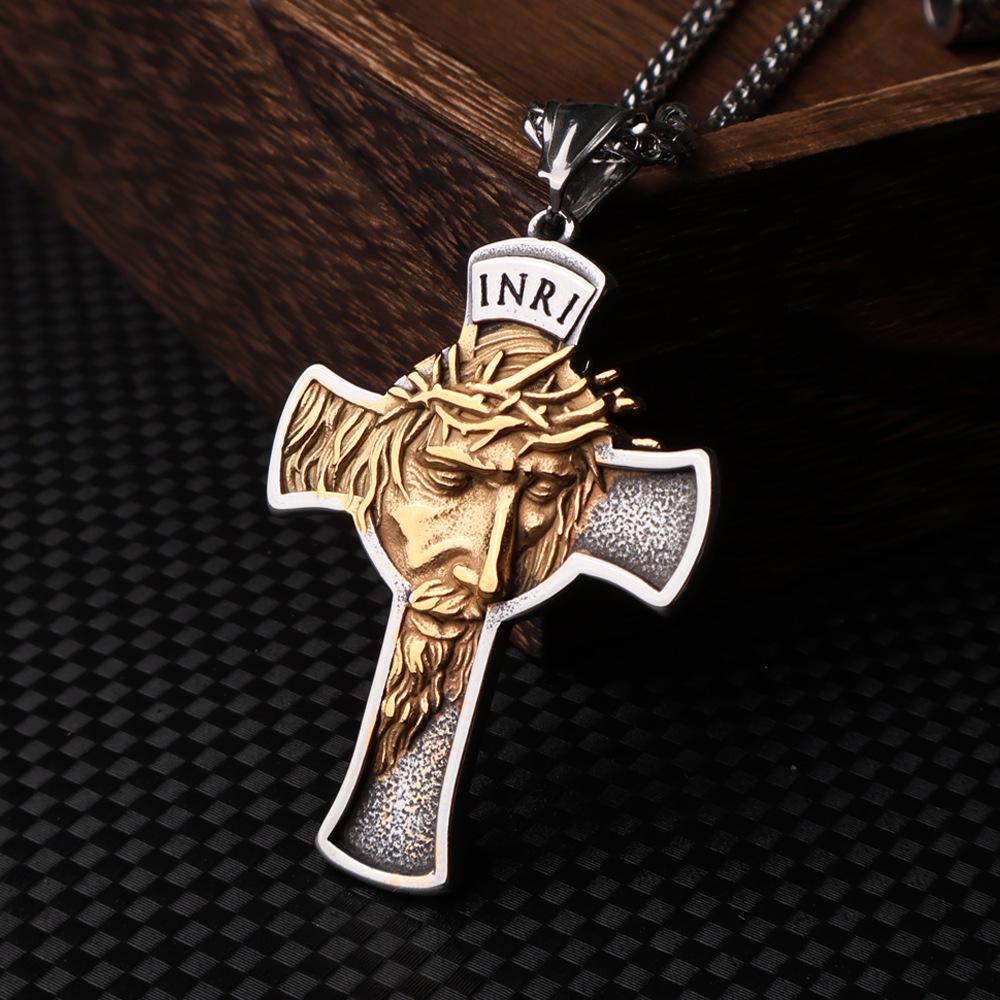 Vintage Stainless Steel Cross Necklace Pendant Portrait Titanium Steel Jewelry Hip Hop Style
