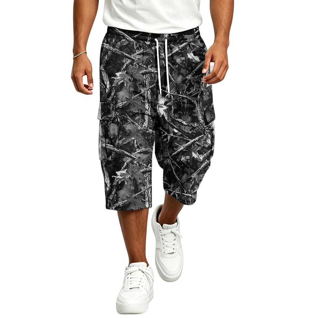 Calções Cargo Camuflados para Homem com Cintura de Cordão - Calções Casuais com Vários Bolsos para Aventuras ao Ar Livre