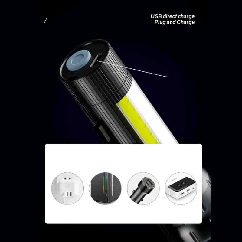 Strong Light Flashlight LED Bright Light Emergency Flashlight USB Charging with Side Light Zoom