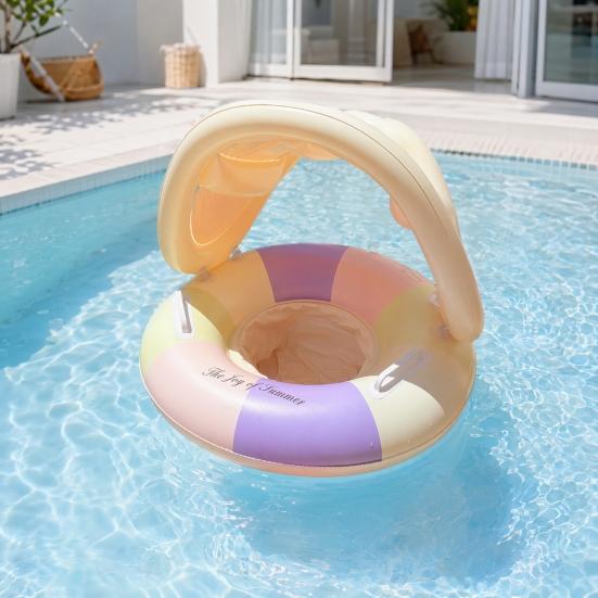 Baby Pool Float with Canopy Vintage Striped Inflatable Swim Ring with Safety Seat